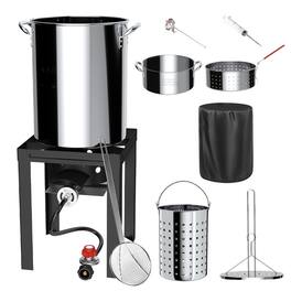 FODINGHILL - 30QT Stainless Steel Turkey Fryer & Seafood Boil Pot with Basket, Skimmer & Cover for Backyard Cooking - Silver