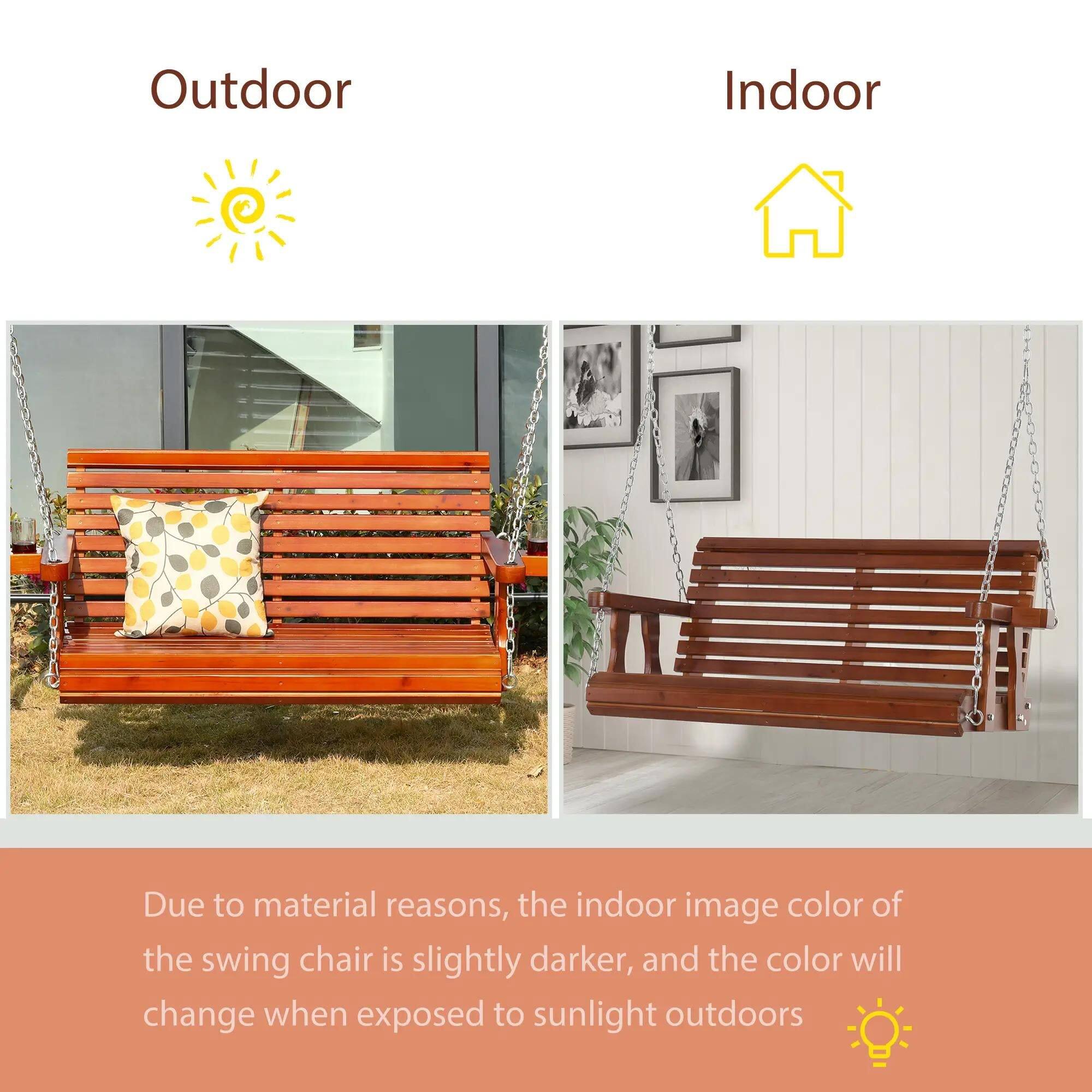 Outdoor Indoor

Due to material reasons, the indoor image color of the swing chair is slightly darker, and the color will change when exposed to sunlight outdoors.
