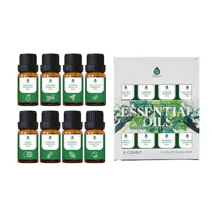 PURSONIC BERGAMOT ESSENTIAL OILS CINNAMON ESSENTIAL OILS LAVENDER ESSENTIAL OILS EUCALYPTUS ESSENTIAL OILS 100% PURE NATURAL ESSENCE ESSENTIAL OILS EXPERIENCE NATURE'S HEALING POWER: LEMON ESSENTIAL OILS ROSEMARY ESSENTIAL OILS SPEARMINT ESSENTIAL OILS SWEET ORANGE ESSENTIAL OILS 8 COUNT 0.34 FL OZ (10 ML) EACH