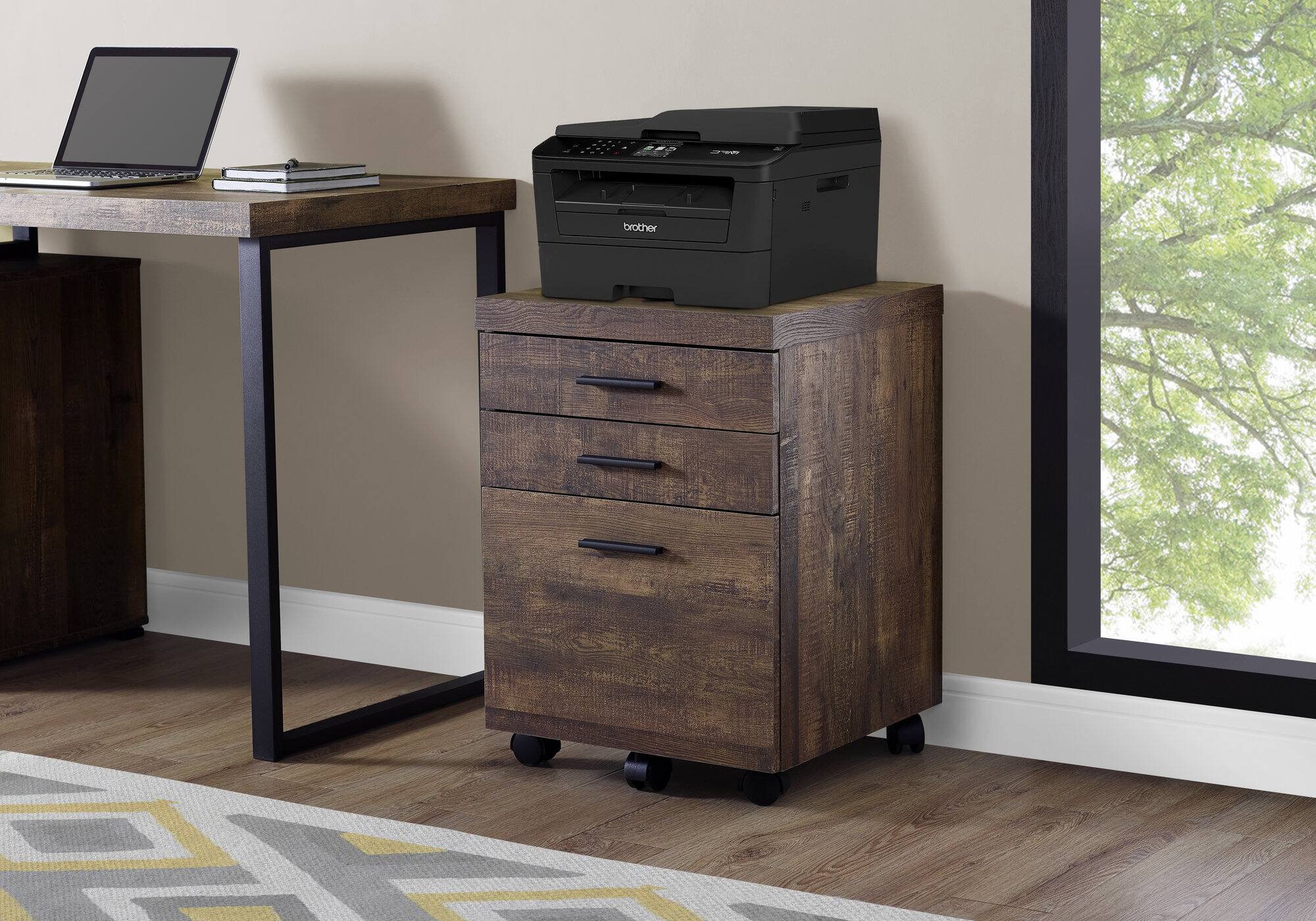 Left. APRILSOUL - File Cabinet, Rolling Mobile, Storage Drawers, Printer Stand, Office, Work, Brown Laminate, Contemporary, Modern.