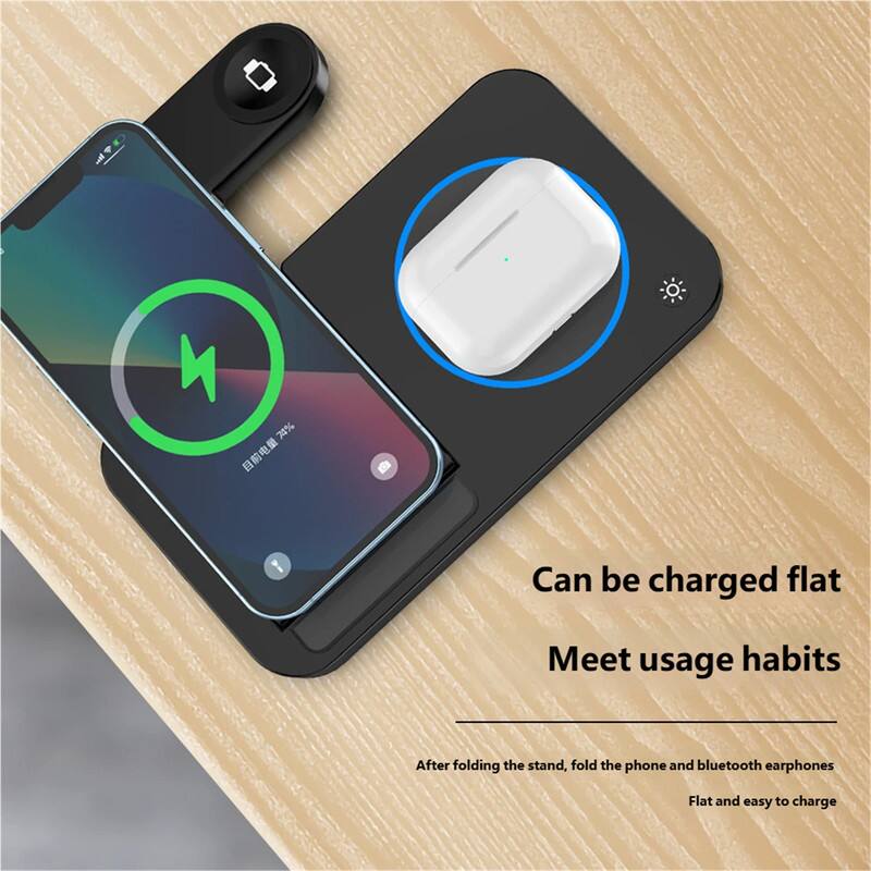 wl 74%  
Can be charged flat  
Meet usage habits  

After folding the stand, fold the phone and bluetooth earphones  
Flat and easy to charge