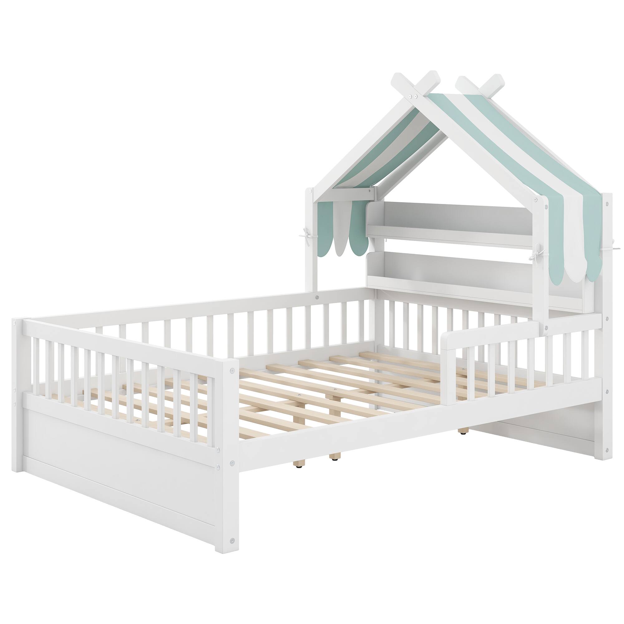 Angle. Whisen - Wooden House Platform Bed with Storage Headboard Shelf and Fabric Canopy - White.