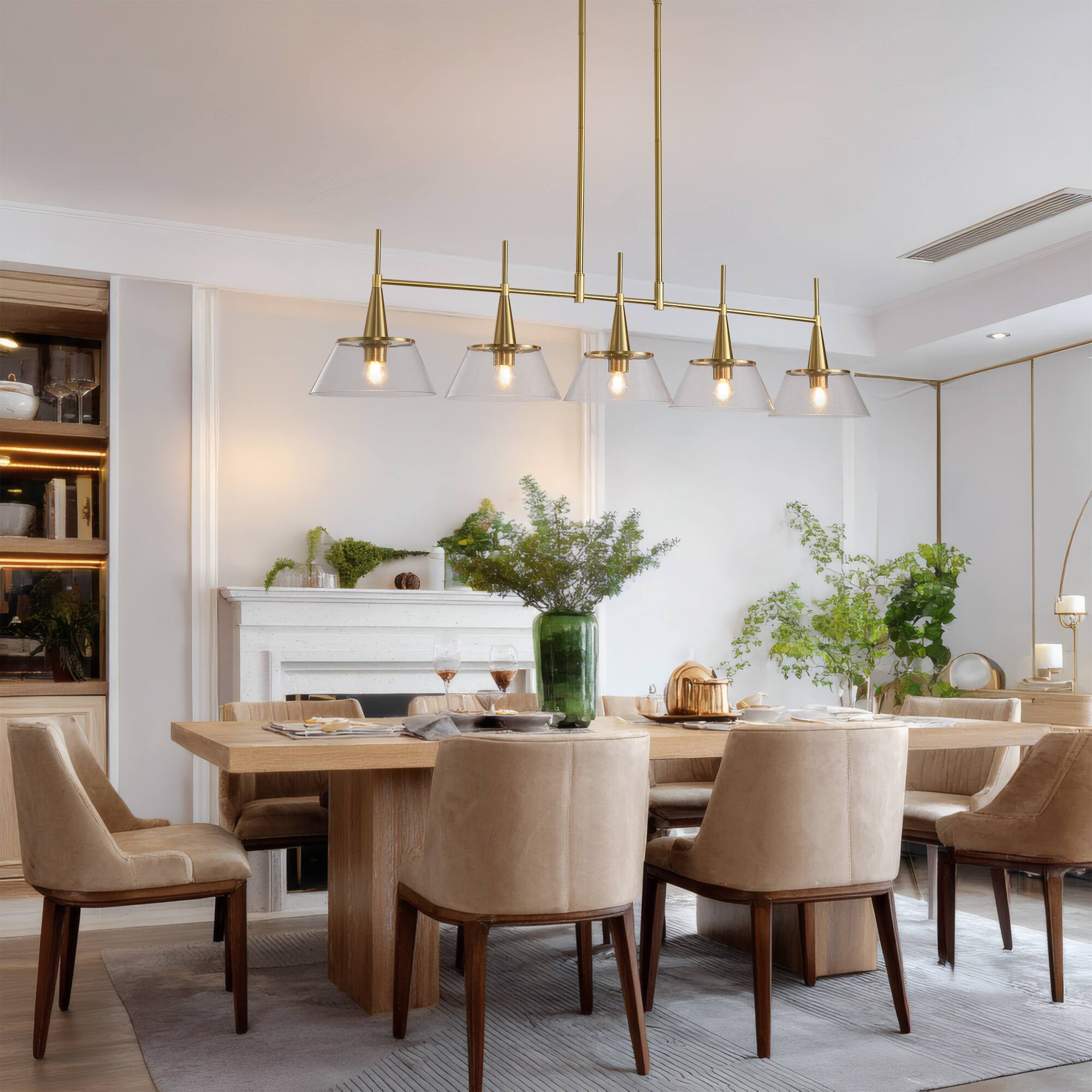 Angle. RYHNUYNE - 5-Light Brass Kitchen Island Pendant 59 Inch Large Linear Chandelier with Clear Seed Glass Shades Adjustable Hanging.