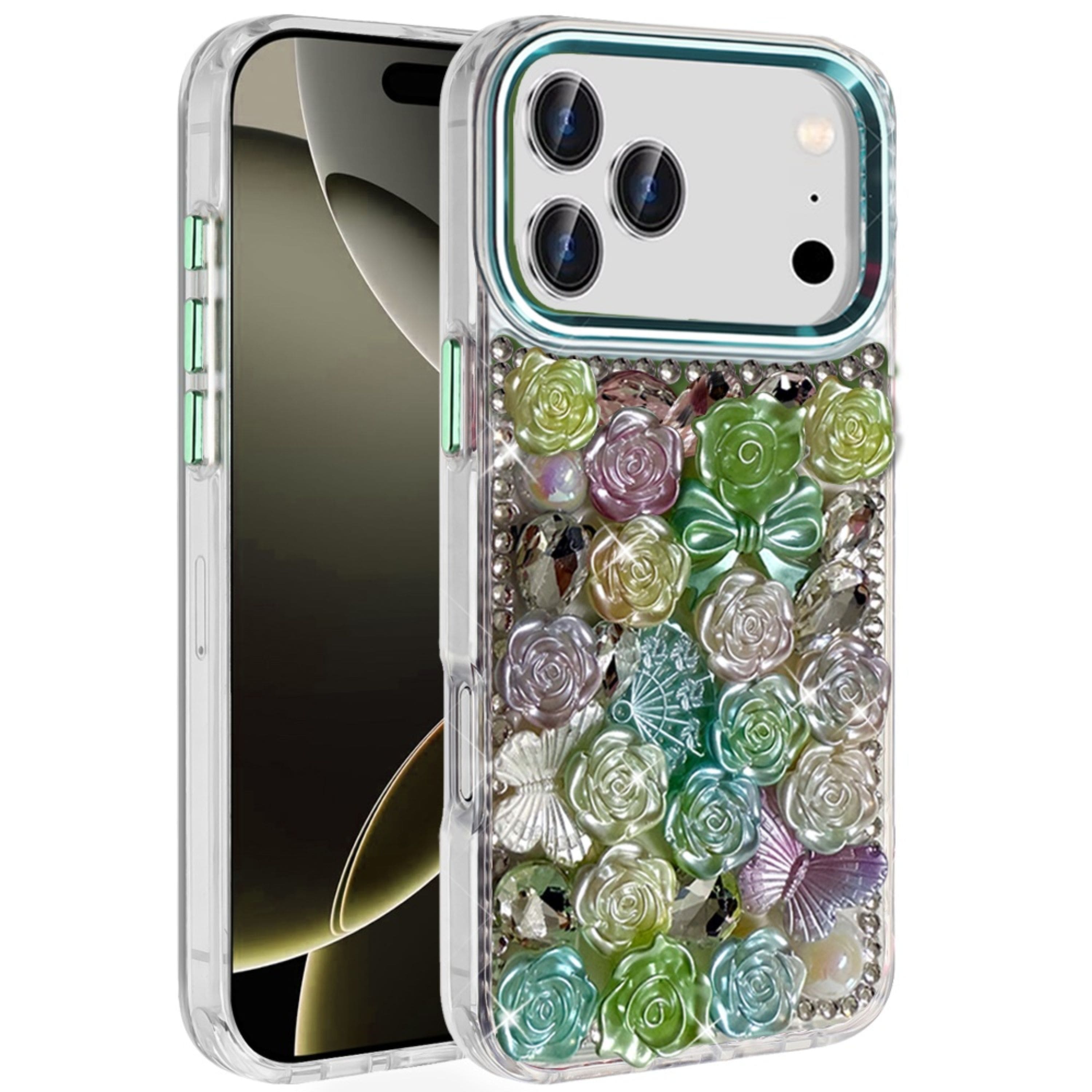 Kitcheniva - Glamorous 3D Flower Crystal Case With Tempered Glass For iPhone 17 Pro - Green