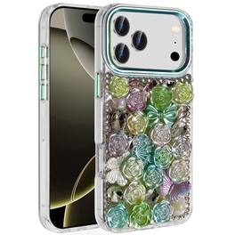 Kitcheniva - Glamorous 3D Flower Crystal Case With Tempered Glass For iPhone 17 Pro - Green