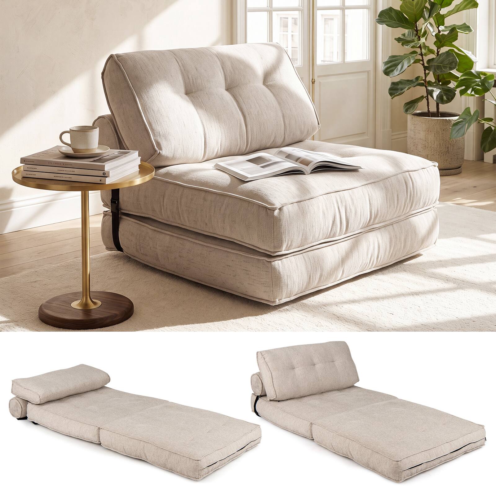 Alt View 3. Costway - Costway 2 PCS 3-in-1 Folding Sofa Bed with Bolster & Pillow, Chenille Cover, Smooth Zipper - Beige.