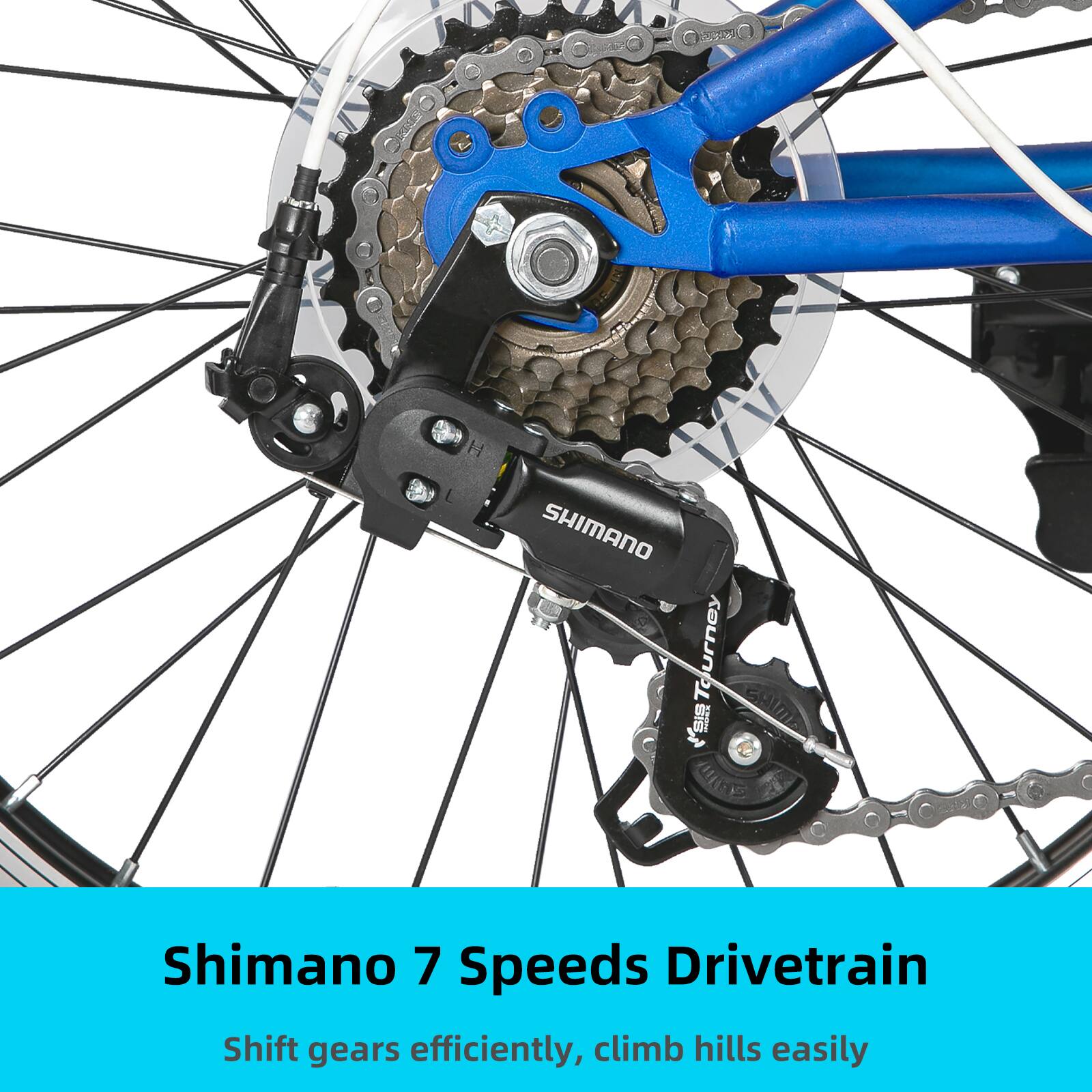 Shimano 7 Speeds Drivetrain  
Shift gears efficiently, climb hills easily