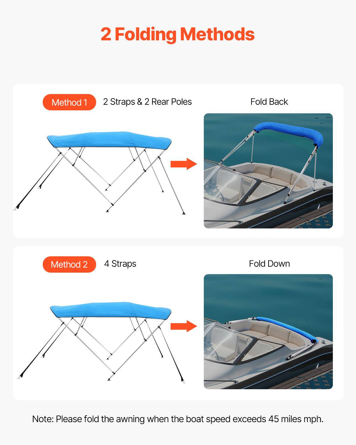 2 Folding Methods

Method 1  
2 Straps & 2 Rear Poles  
Fold Back

Method 2  
4 Straps  
Fold Down

Note: Please fold the awning when the boat speed exceeds 45 miles mph.