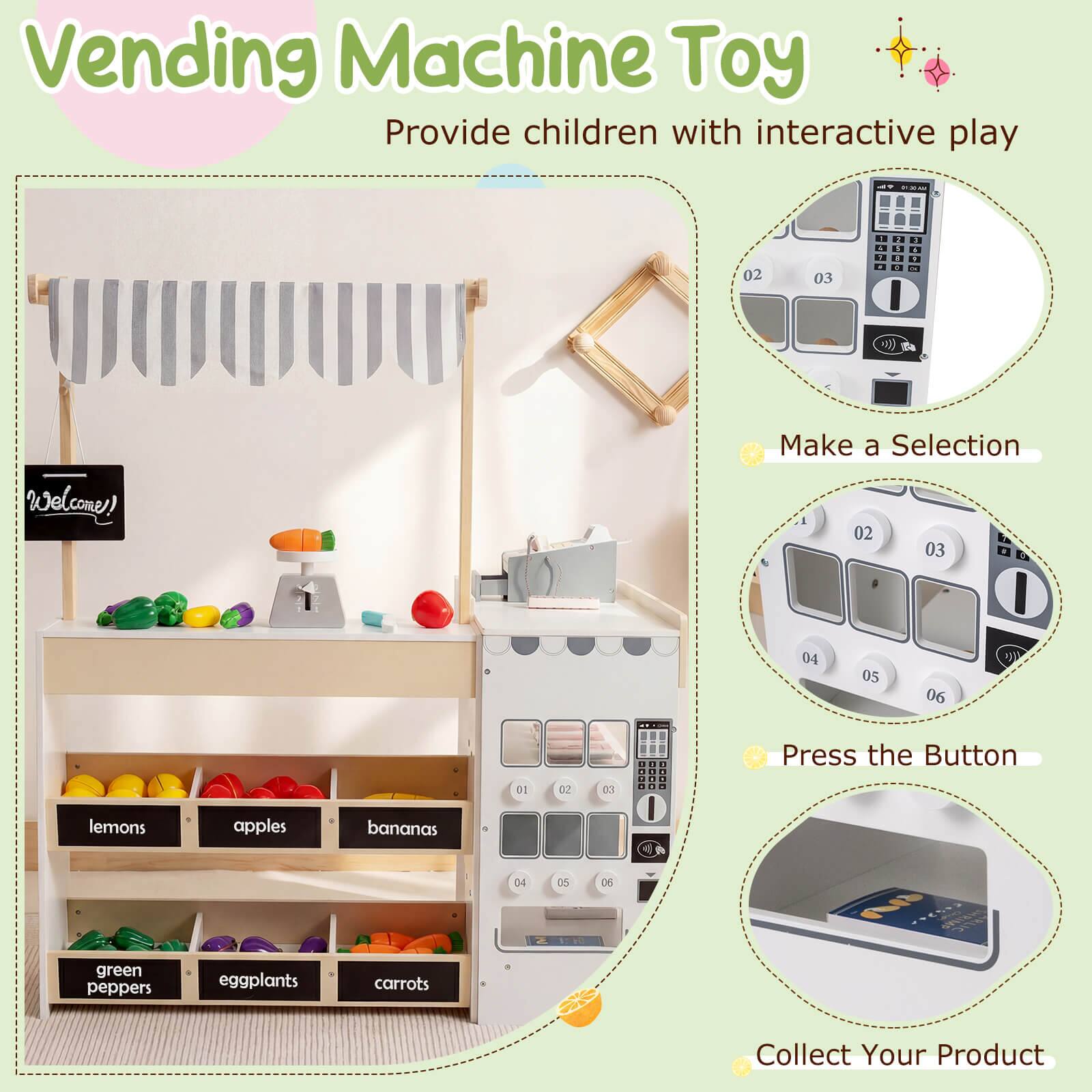 Vending Machine Toy  
Provide children with interactive play

1. Welcome
2. Make a Selection
3. Press the Button
4. Collect Your Product

- lemons
- apples
- bananas
- green peppers
- eggplants
- carrots