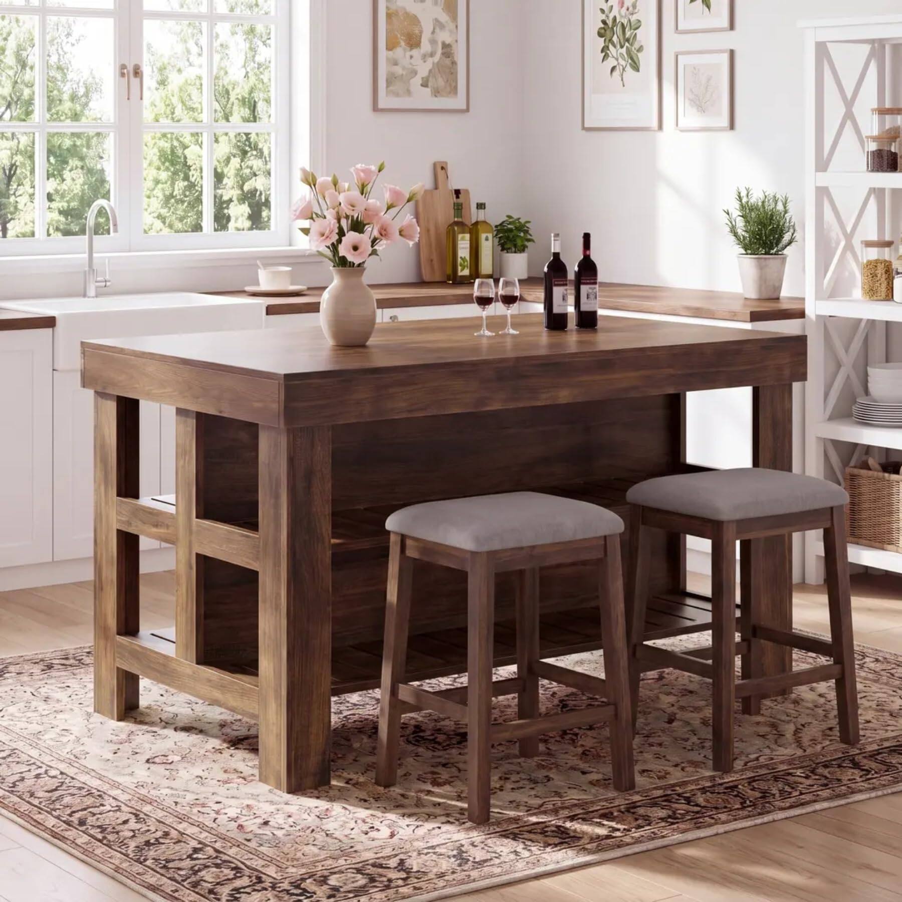 Alt View 1. Tribesigns - 55.1-Inch Kitchen Island with Seating Space and 3-Tier Storage for Kitchen or Dining Room - All Brown.