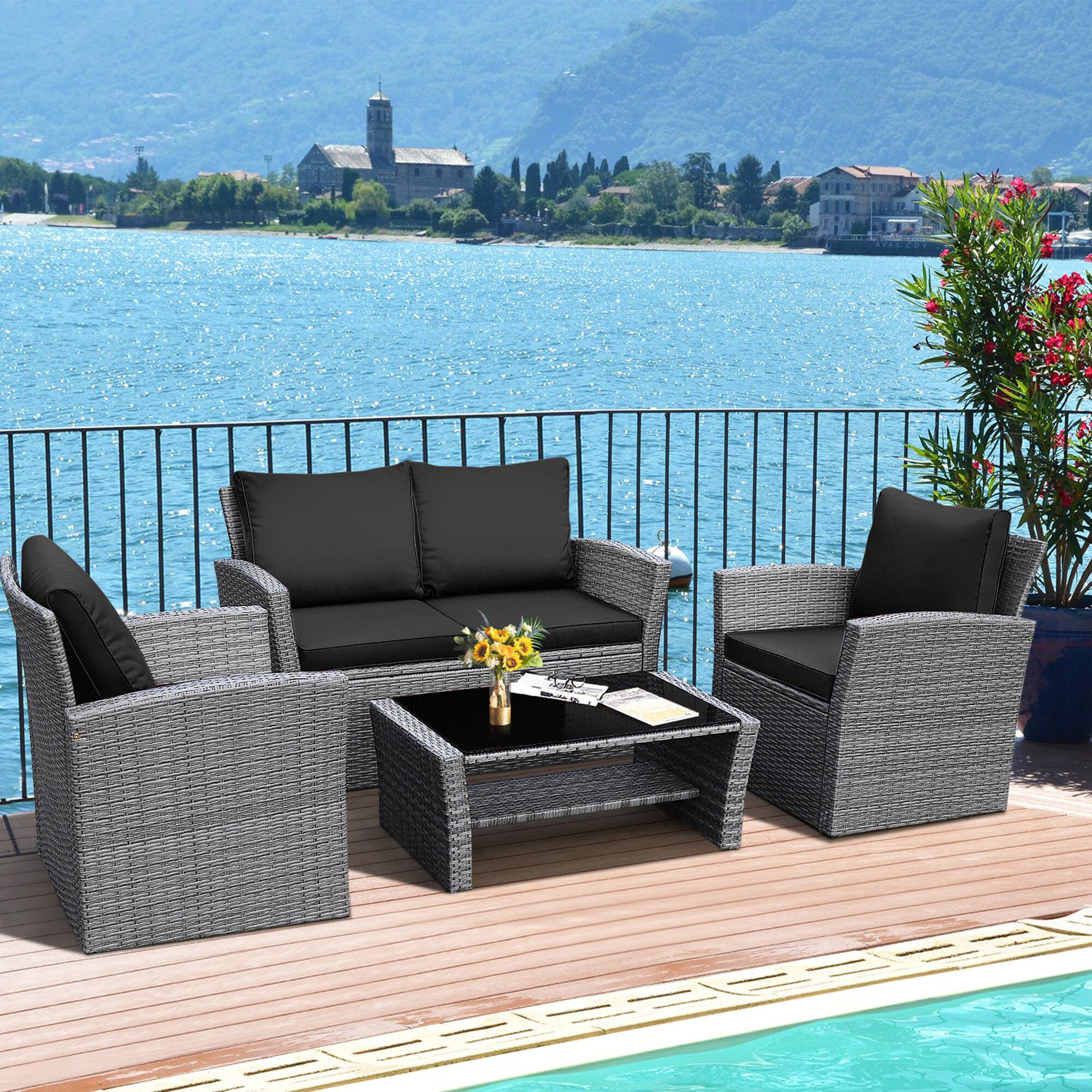 Alt View 9. Gymax - Gymax 4PCS Patio Rattan Conversation Set Outdoor Furniture Set w/ Black Cushions - Black.