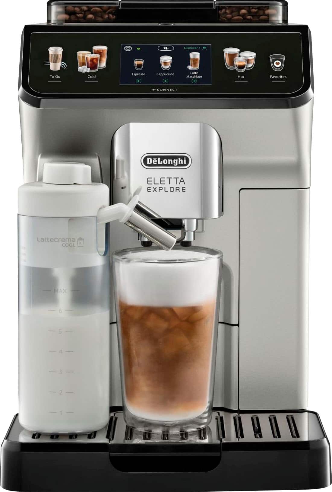 The image features a coffee maker with a glass of iced coffee and a bottle of milk. The coffee maker is an espresso machine with a display screen, and it has a variety of options for making different types of coffee drinks. The machine is made by D'Longhi and is called the ELETTA EXPLORE. The display screen shows the various options available, including hot and cold beverages, as well as the different types of coffee drinks that can be made using the machine.