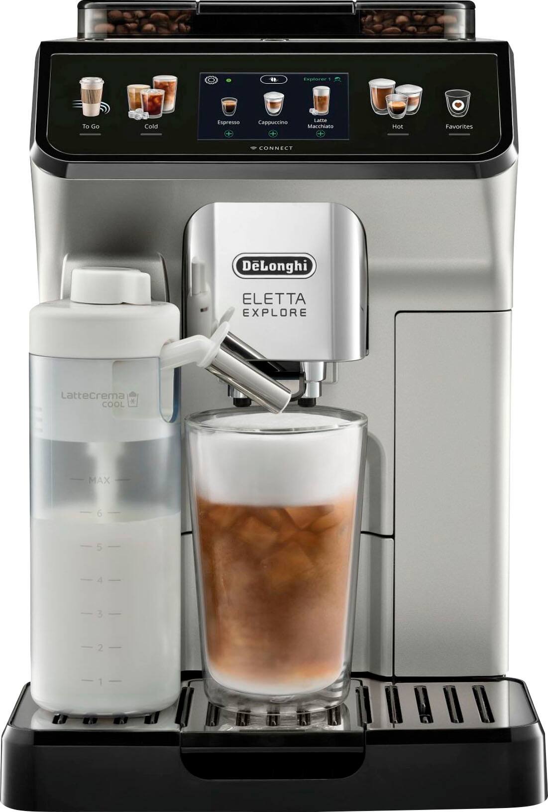 The image features a coffee maker with a glass of iced coffee and a bottle of milk. The coffee maker is an espresso machine with a display screen, and it has a variety of options for making different types of coffee drinks. The machine is made by D'Longhi and is called the ELETTA EXPLORE. The display screen shows the various options available, including hot and cold beverages, as well as the different types of coffee drinks that can be made using the machine.