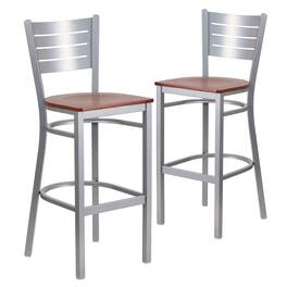 Emma + Oliver - 2 Pack Silver Slat Back Metal Restaurant Barstool - Cherry Wood Seat/Silver Frame