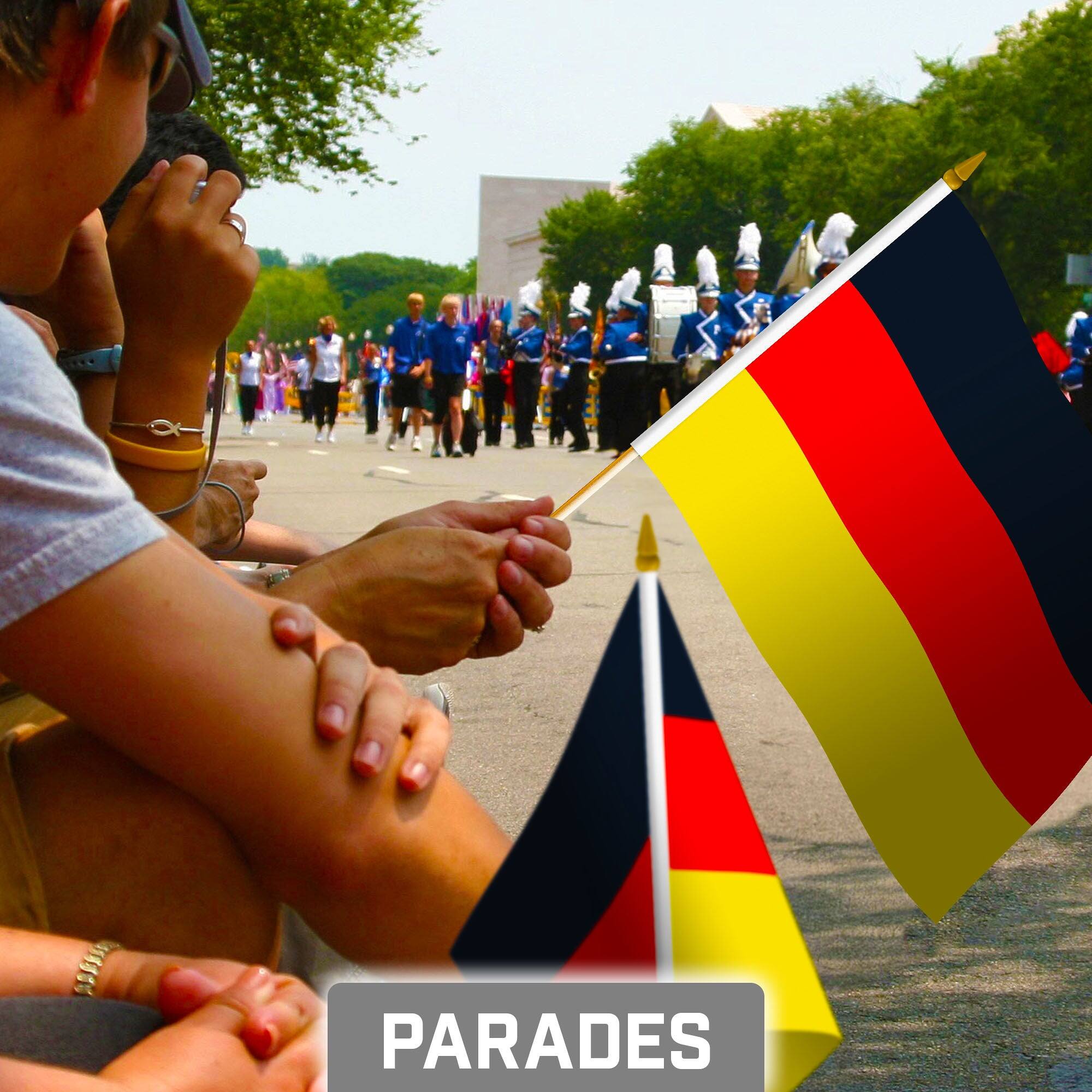 Alt View 1. G128 - 50-Pack Handheld Germany Flags, 8 x 12 in, 150D Polyester with Wooden Stick and Gold Spear Tip. - Assorted Colors.