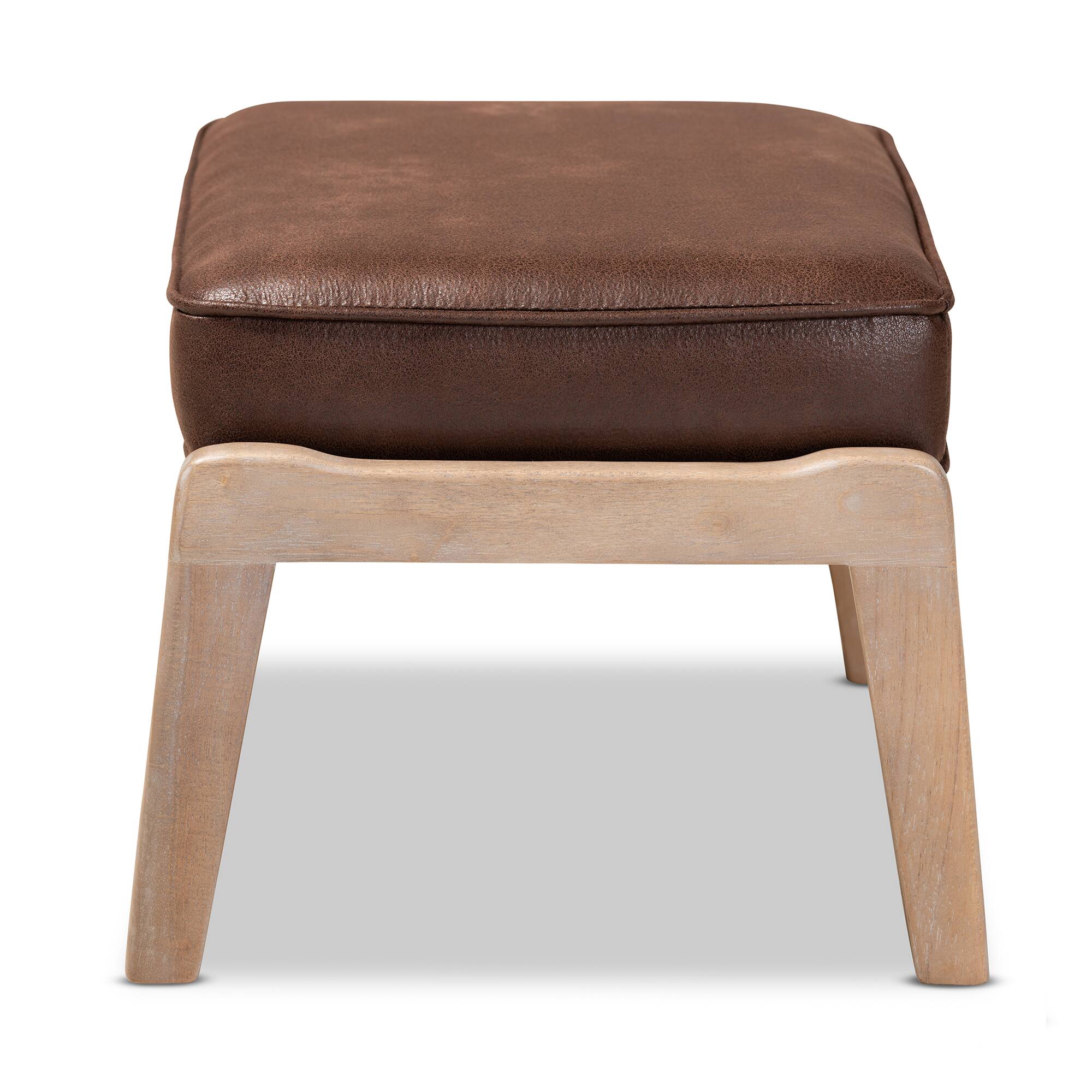 Left. Baxton Studio - Sigrid Mid-Century Modern Faux Leather Effect Fabric Upholstered Antique Oak Finished Wood Ottoman - Dark Brown/Antique Oak.