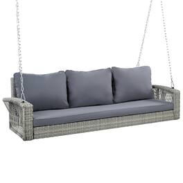 Mondawe - 69" PE Wicker 3-Person Porch Swing with Chains and Cushions - Gray