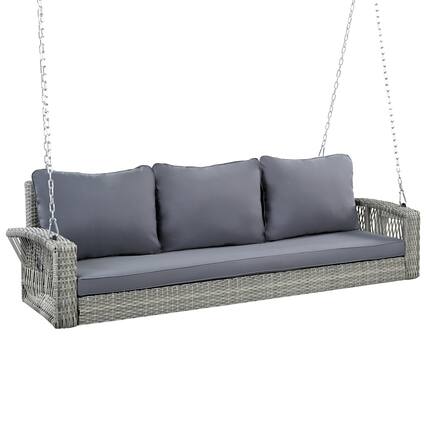 Front. Mondawe - 69" PE Wicker 3-Person Porch Swing with Chains and Cushions - Gray.