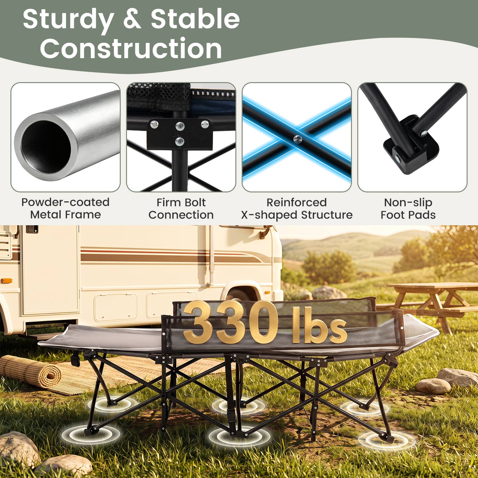 Sturdy & Stable Construction

- Powder-coated Metal Frame
- Firm Bolt Connection
- Reinforced X-shaped Structure
- Non-slip Foot Pads

330 lbs
