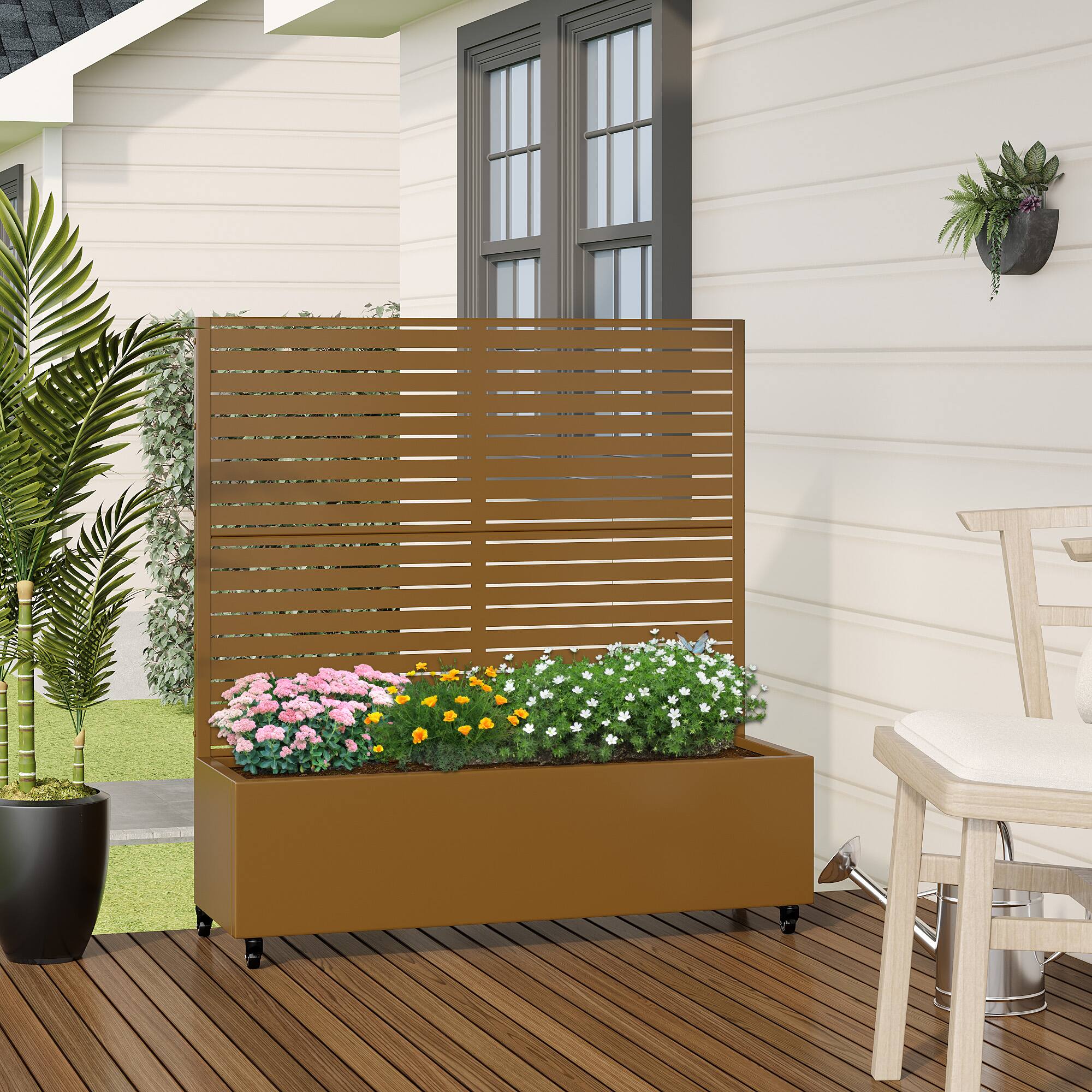 Alt View 2. PexFix - 47 in. H x 47 in. W Louvered Pattern Rectangle Metal Planter Box Raised Garden Beds with Trellis-Ideal for Balcony - Brown.
