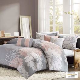 Gracie Mills - Glenda 6-Piece Floral Printed Duvet Cover Set - Grey/Peach