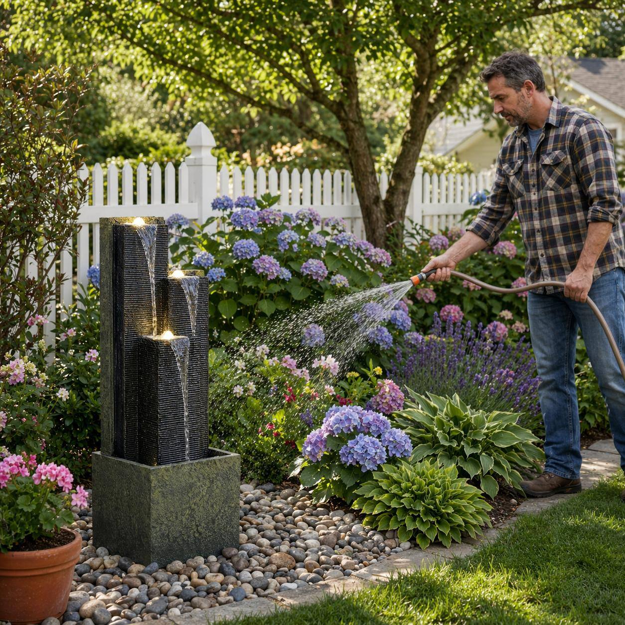 Alt View 2. RYHNUYNE - Outdoor Water Fountain 39 Inch H Modern Cascading Freestanding Fountain with LED Lights for Garden Patio Porch.