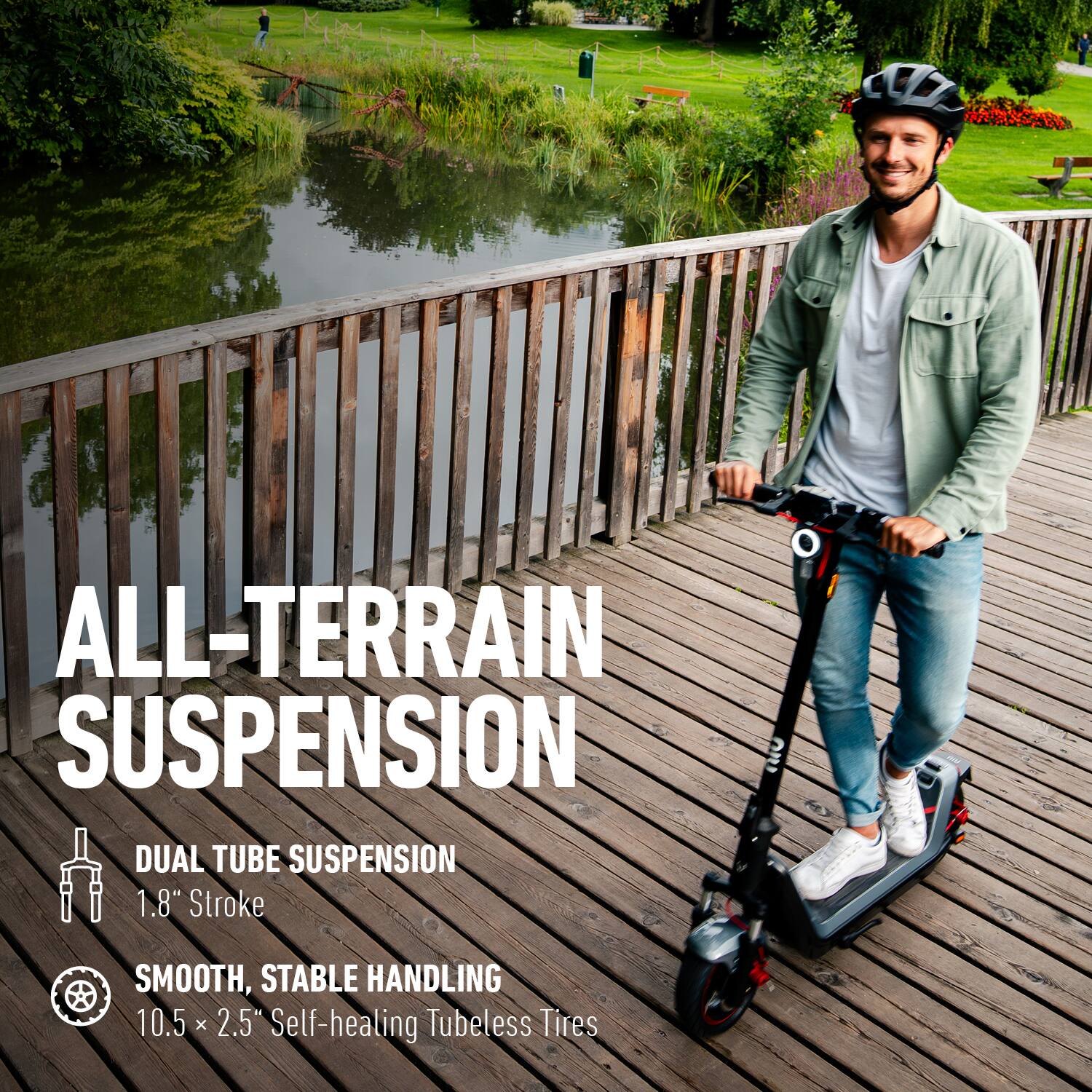 ALL-TERRAIN SUSPENSION  
DUAL TUBE SUSPENSION  
1.8" Stroke  
SMOOTH, STABLE HANDLING  
10.5 x 2.5" Self-healing Tubeless Tires