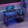 RSPGAME - 48'' Gaming Desk LED Lights Computer Desk with Monitor Stand and Hook Storage Shelf, PC Gaming Table for Home Office - Black