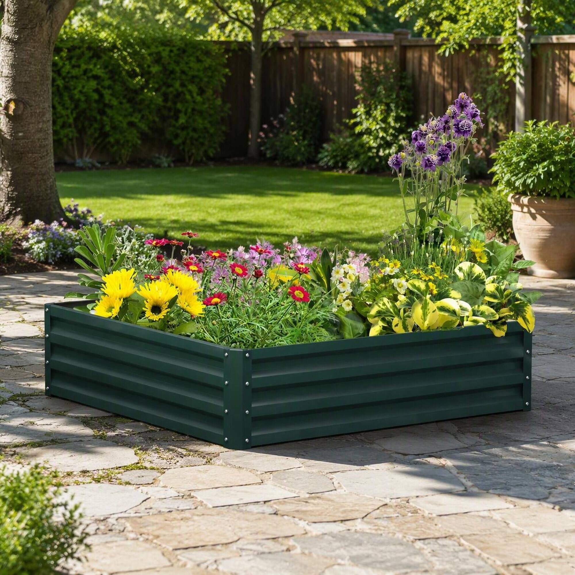 Alt View 2. RYHNUYNE - Outsunny Galvanized Steel Raised Garden Bed, 4x4x1 Foot Metal Planter Box for Vegetables, Flowers, Herbs - Green.