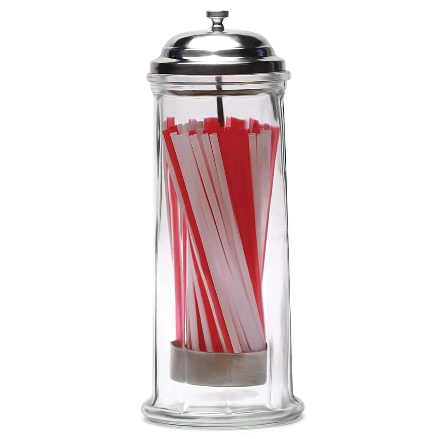 Front. Jay Import - Clear Glass Straw Holder With Chrome Color Lid /Straws Included.
