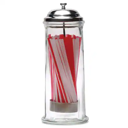Front. Jay Import - Clear Glass Straw Holder With Chrome Color Lid /Straws Included.