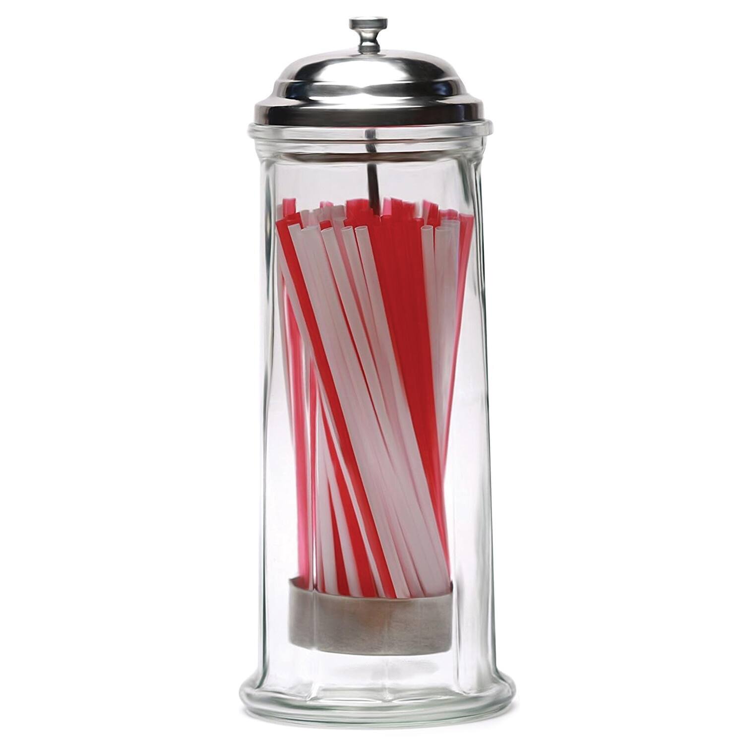 Front. Jay Import - Clear Glass Straw Holder With Chrome Color Lid /Straws Included.