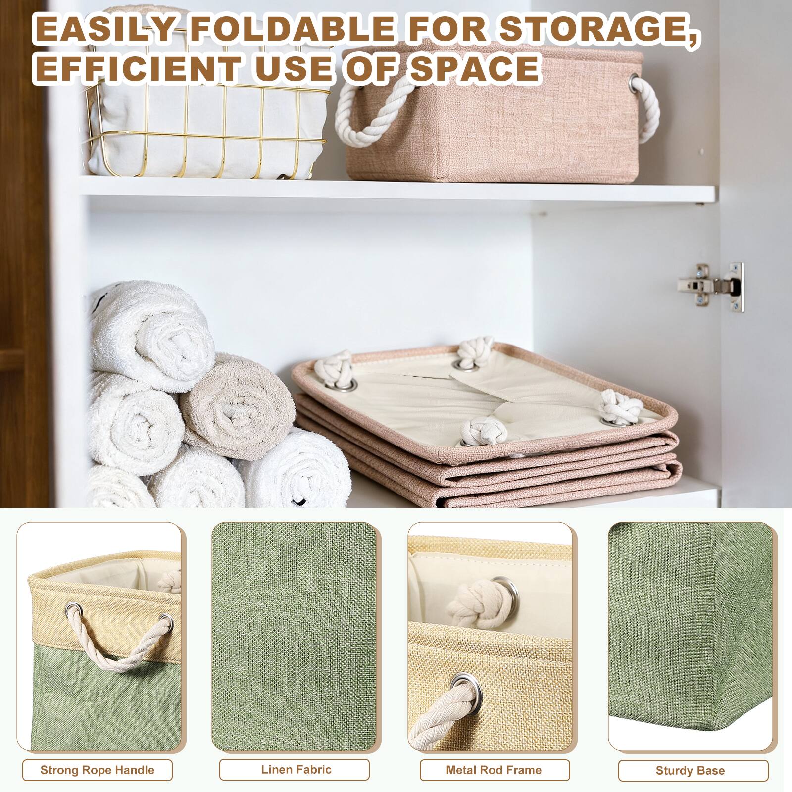 EASILY FOLDABLE FOR STORAGE, EFFICIENT USE OF SPACE

Strong Rope Handle
Linen Fabric
Metal Rod Frame
Sturdy Base