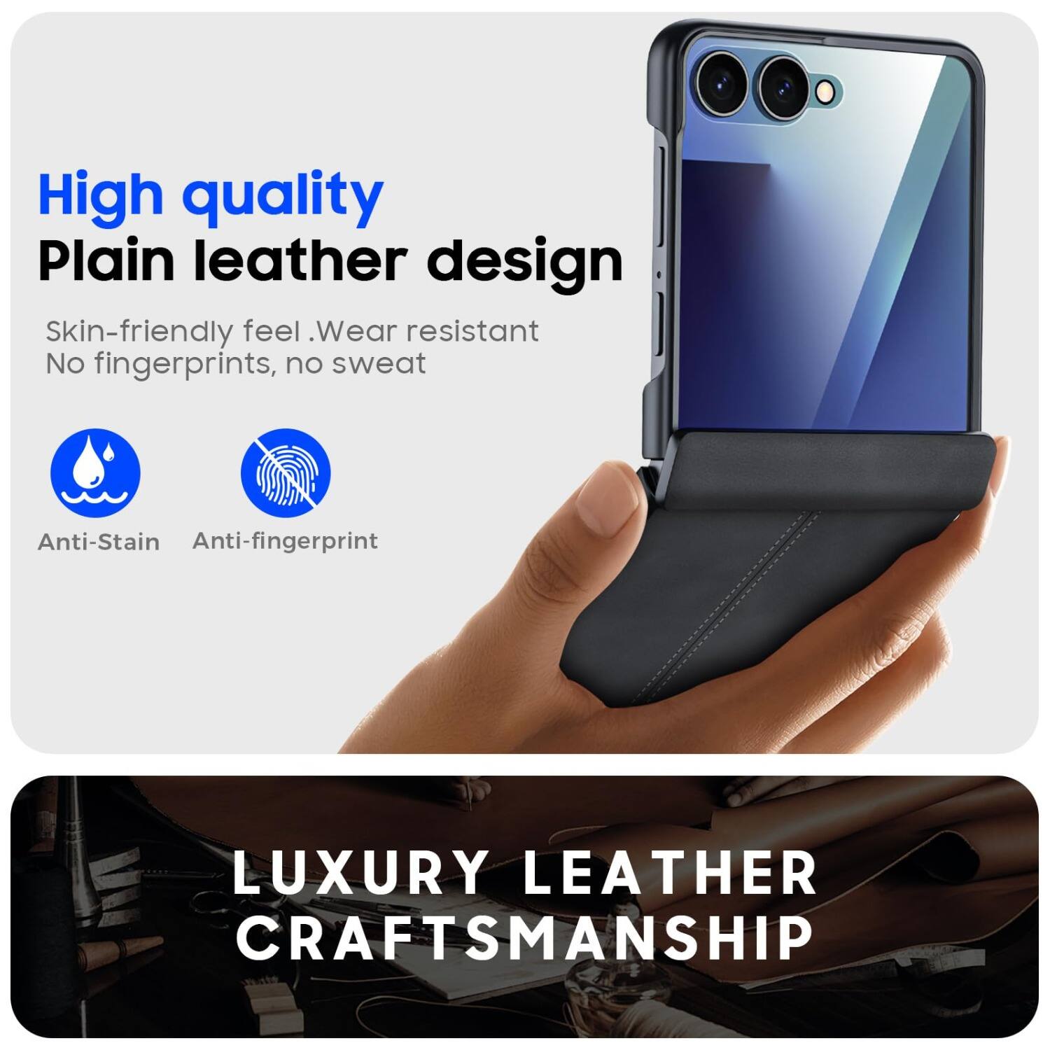 High quality Plain leather design  
Skin-friendly feel. Wear resistant  
No fingerprints, no sweat  
Anti-Stain  
Anti-fingerprint  
LUXURY LEATHER CRAFTSMANSHIP