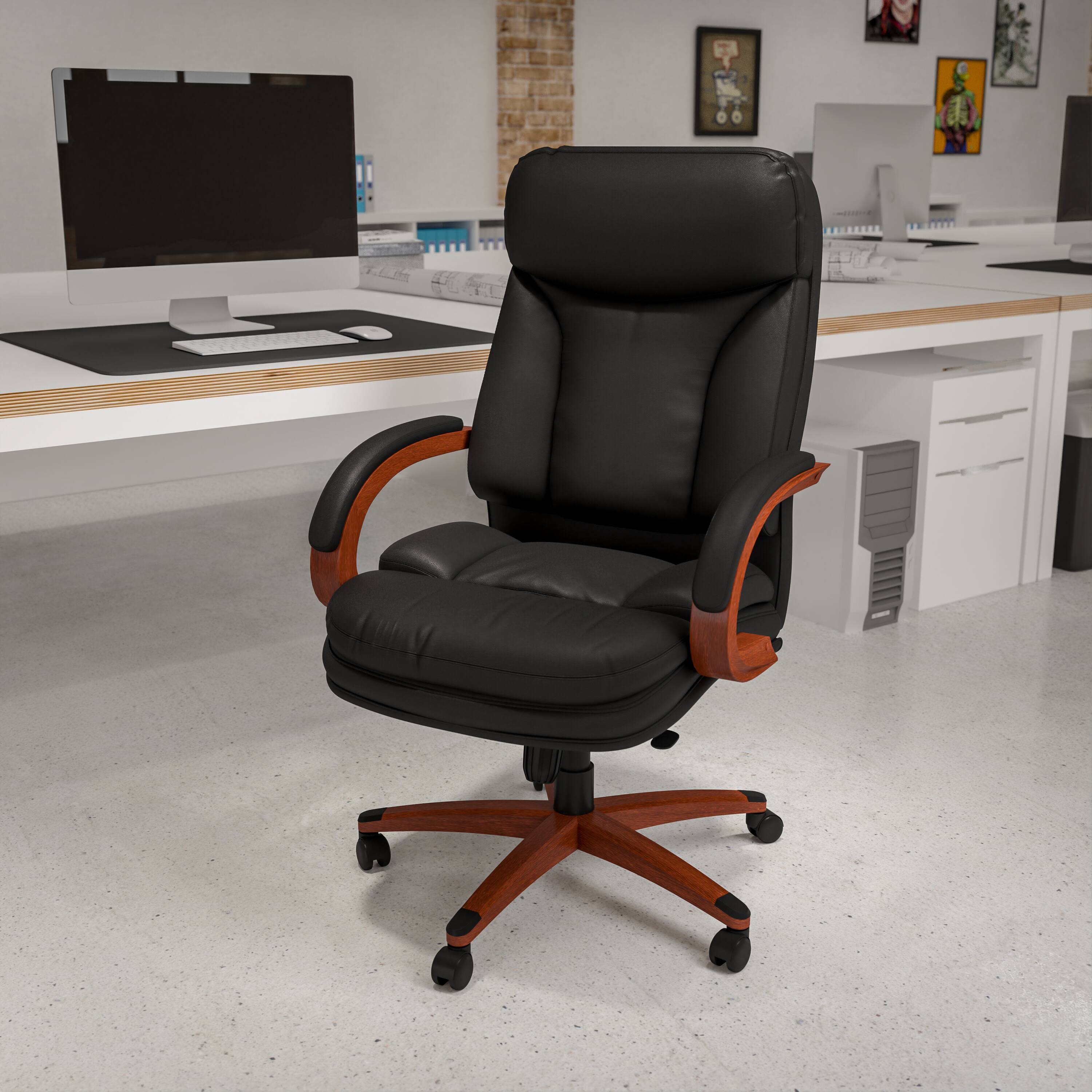 Alt View 1. Emma + Oliver - High Back Leather Executive Swivel Ergonomic Office Chair with Synchro-Tilt Mechanism, Mahogany Wood Base and Arms - Black.