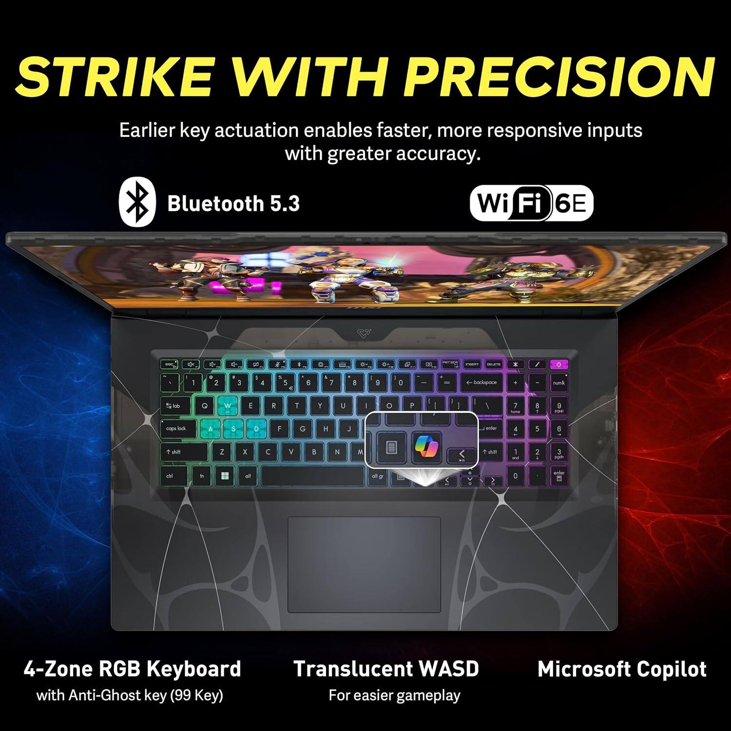 STRIKE WITH PRECISION  
Earlier key actuation enables faster, more responsive inputs with greater accuracy.  

Bluetooth 5.3  
Wi-Fi 6E  

4-Zone RGB Keyboard  
with Anti-Ghost key (99 Key)  

Translucent WASD  
For easier gameplay  

Microsoft Copilot