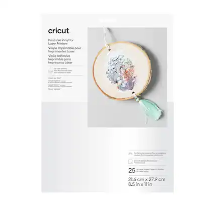 cricut.
Printable Vinyl for Laser Printers
Vinyle Imprimable pour Imprimantes Laser
Vinilo Adhesivo Imprimible para Impresoras Laser
For laser printers / Para impresoras láser
Cricut Joy™
Cricut Explore™
Cricut Maker™
Cricut Maker™ 2
Cricut Venture™
For full-color projects / Pour les projets en couleur / Para proyectos de todo color
Smooth texture / Texture lisse / Textura suave
25 US Letter Sheets / Lettre US Feuilles / US Letter Hojas
21.6 cm x 27.9 cm
8.5 in x 11 in