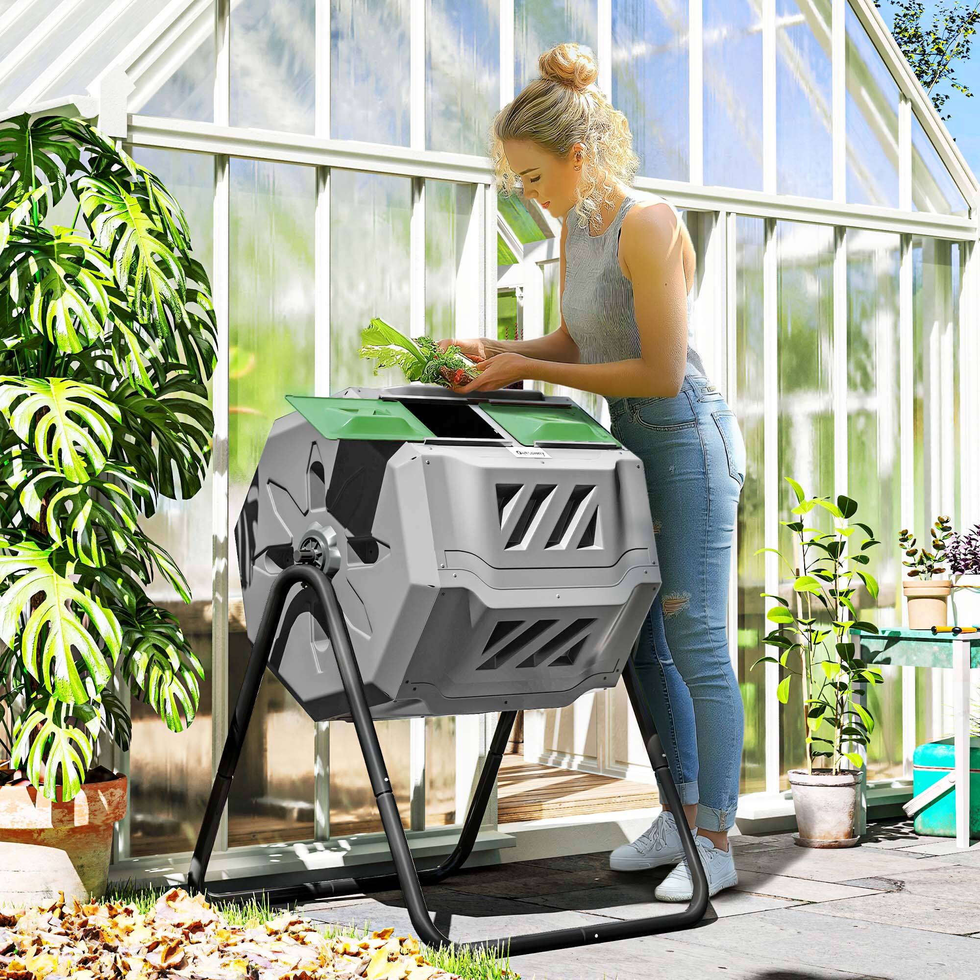 Alt View 1. Outsunny - Tumbling Compost Bin Outdoor 360° Dual Chamber Rotating Composter 43 Gallon - Light Gray.