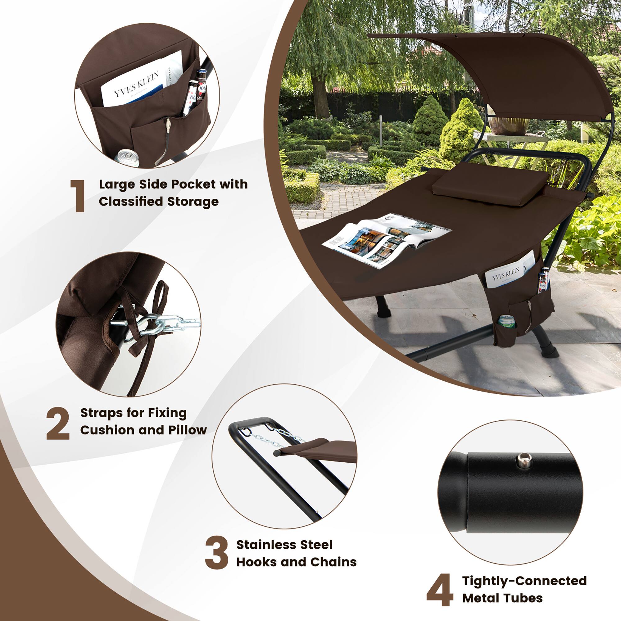 KLEZN i YVESKLLIN YES Large Side Pocket with 1 Classified Storage Straps for Fixing 2 Cushion and Pillow Stainless Steel 3 Hooks and Chains Tightly-Connected 4 Metal Tubes