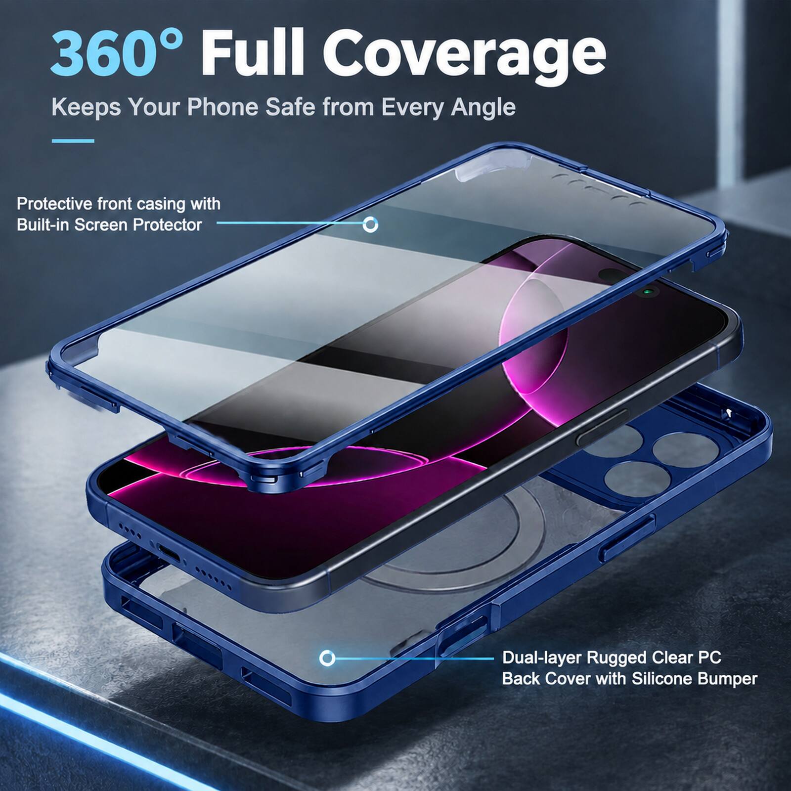 360° Full Coverage  
Keeps Your Phone Safe from Every Angle

Protective front casing with Built-in Screen Protector

Dual-layer Rugged Clear PC Back Cover with Silicone Bumper