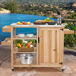 U-HOMY - Outdoor Cedar Wood Kitchen Island Cart with Stainless Steel Top, 3-Tier Storage, Spice Rack & Locking Wheels - Brown