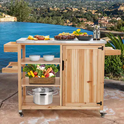 Front. U-HOMY - Outdoor Cedar Wood Kitchen Island Cart with Stainless Steel Top, 3-Tier Storage, Spice Rack & Locking Wheels - Brown.