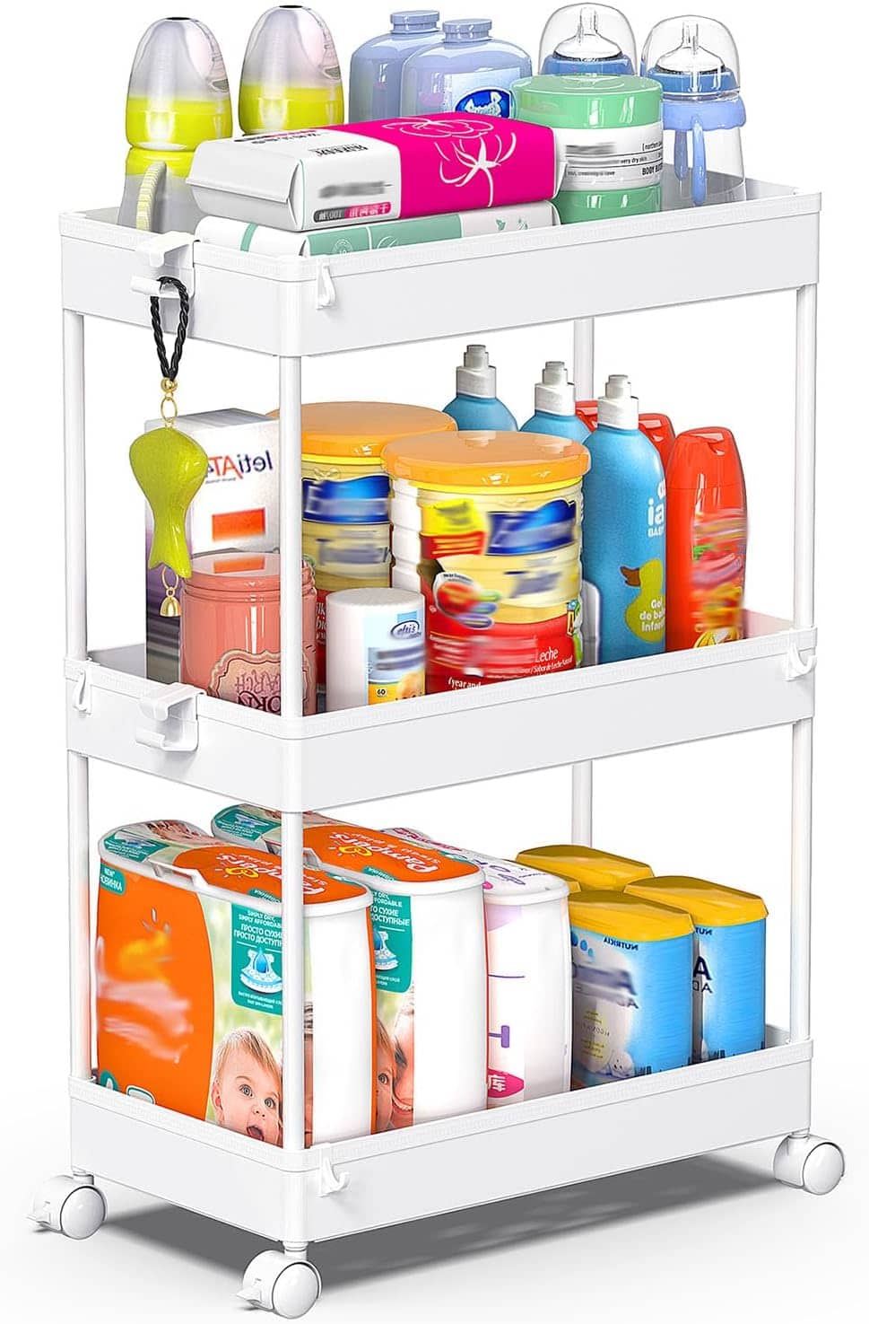 Wikistore - Rolling Storage Cart 3-Tier, Bathroom & Laundry Organizer, Multi-Functional Shelves - White