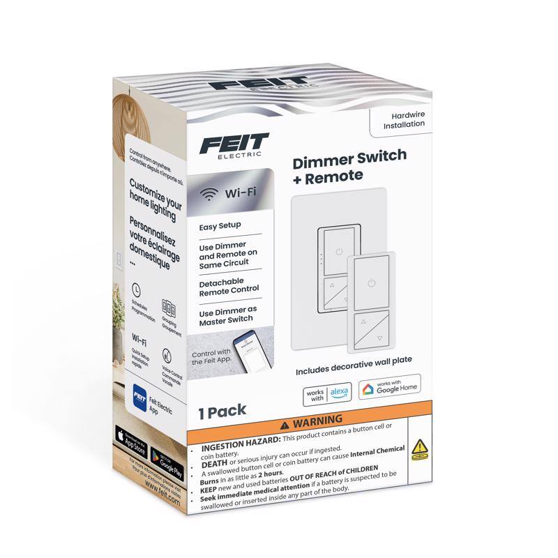 FEIT Electric Dimmer Switch + Remote

- Customize your home lighting
- Easy Setup
- Use Dimmer and Remote on Same Circuit
- Detachable Remote Control
- Use Dimmer as Master Switch
- Wi-Fi Control with the Feit App
- Works with Google Home and Alexa
- Includes decorative wall plate

WARNING: This product contains a button cell or coin battery. Ingestion hazard: can occur if ingested. Internal Chemical can cause DEATH or serious injury. Keep out of reach of CHILDREN. A swallowed coin battery can burn in as little as 2 hours. Seek immediate medical attention if suspected to be swallowed or inserted inside any part of the body.