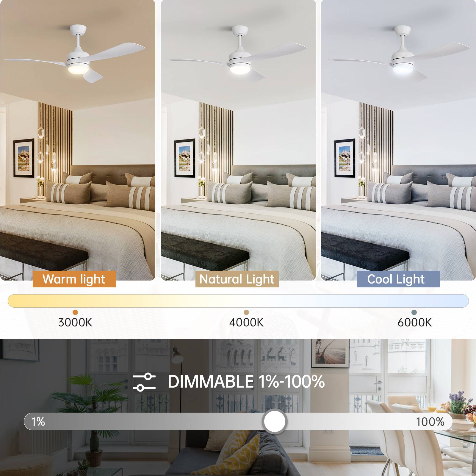 Warm Light  
3000K  

Natural Light  
4000K  

Cool Light  
6000K  

DIMMABLE 1%-100%