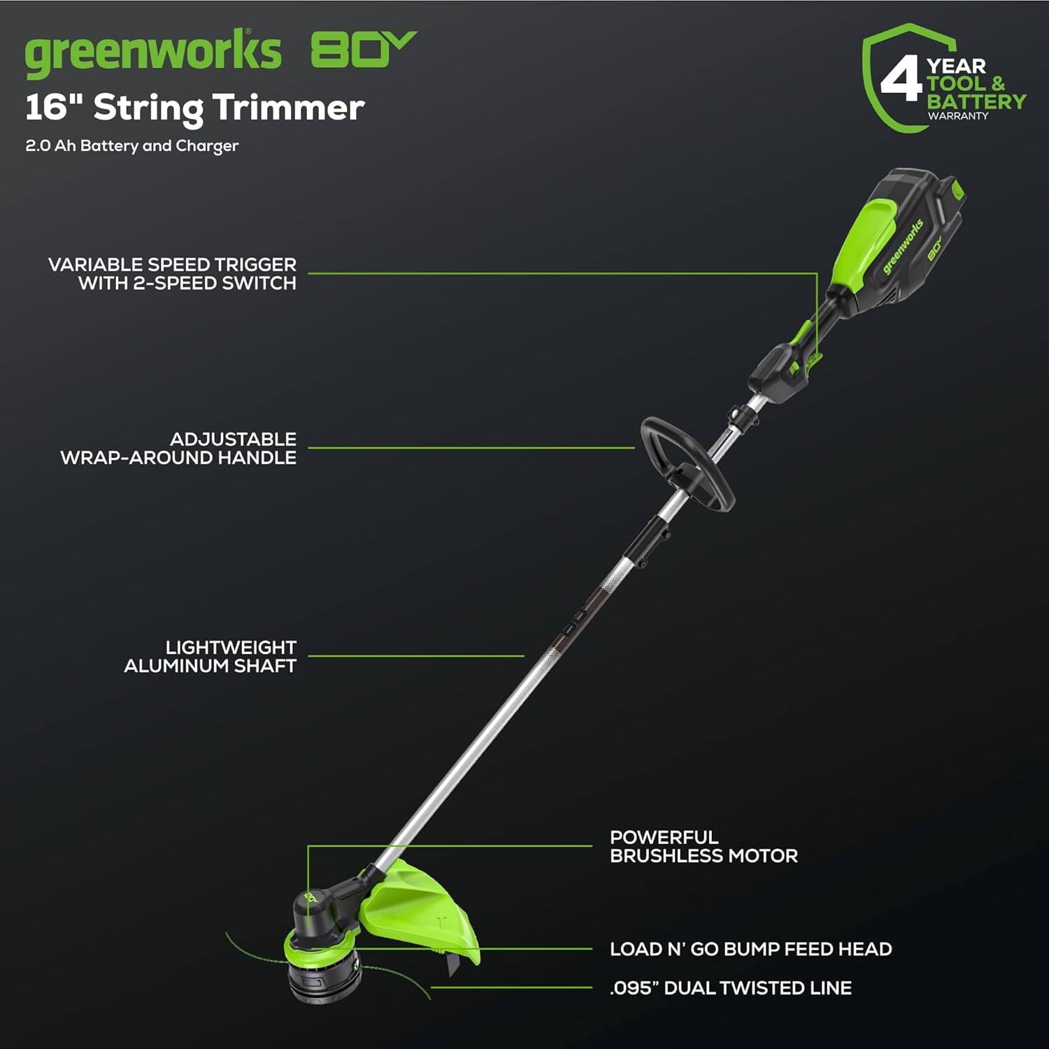 greenworks 80V  
16" String Trimmer  
2.0 Ah Battery and Charger  

4 YEAR TOOL & BATTERY WARRANTY  

VARIABLE SPEED TRIGGER WITH 2-SPEED SWITCH  
ADJUSTABLE WRAP-AROUND HANDLE  
LIGHTWEIGHT ALUMINUM SHAFT  
POWERFUL BRUSHLESS MOTOR  
LOAD N' GO BUMP FEED HEAD  
.095" DUAL TWISTED LINE