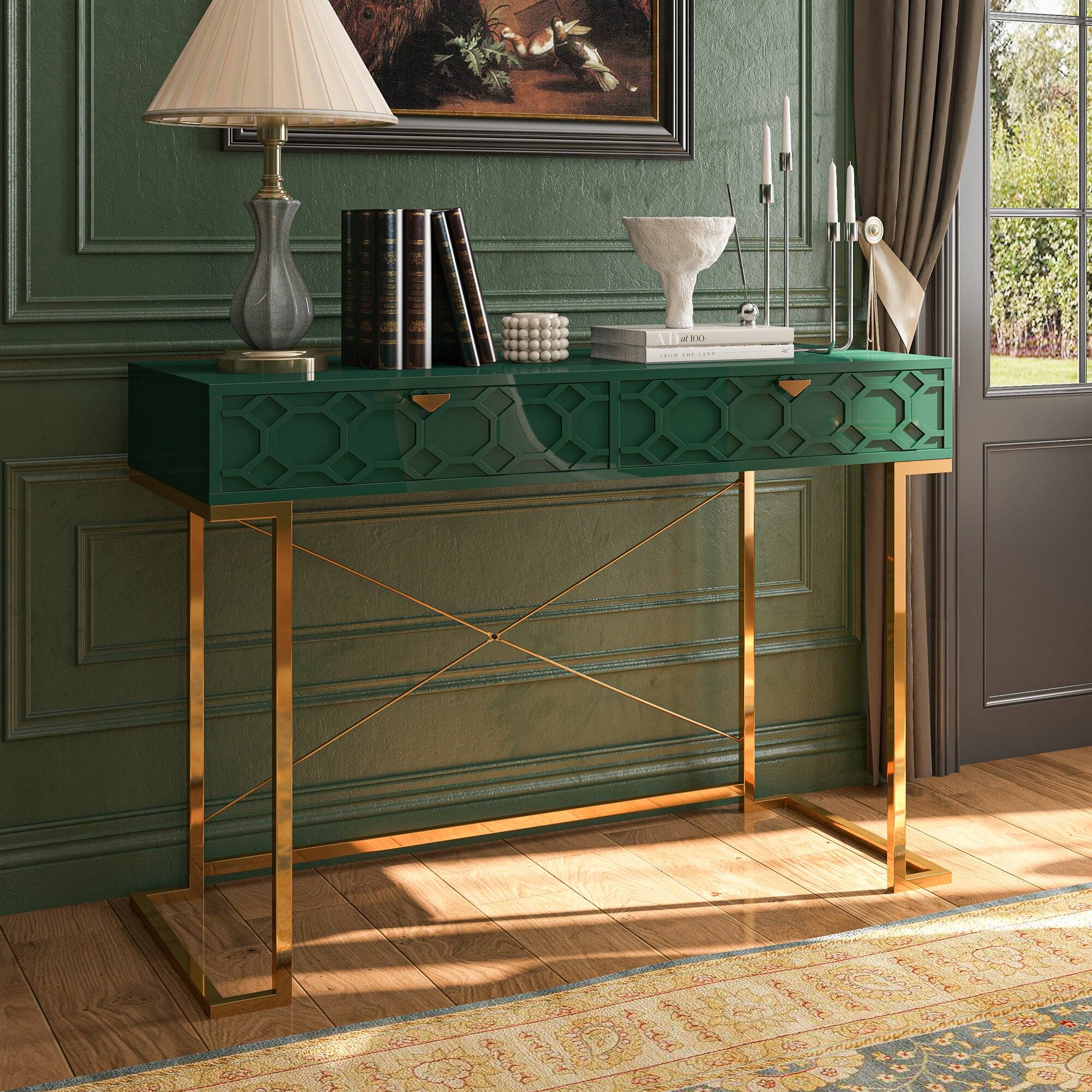 Alt View 8. Boyel Living - 42 in. Rectangular Green Wood End Table Writing Desk with Metal Stand - Green.
