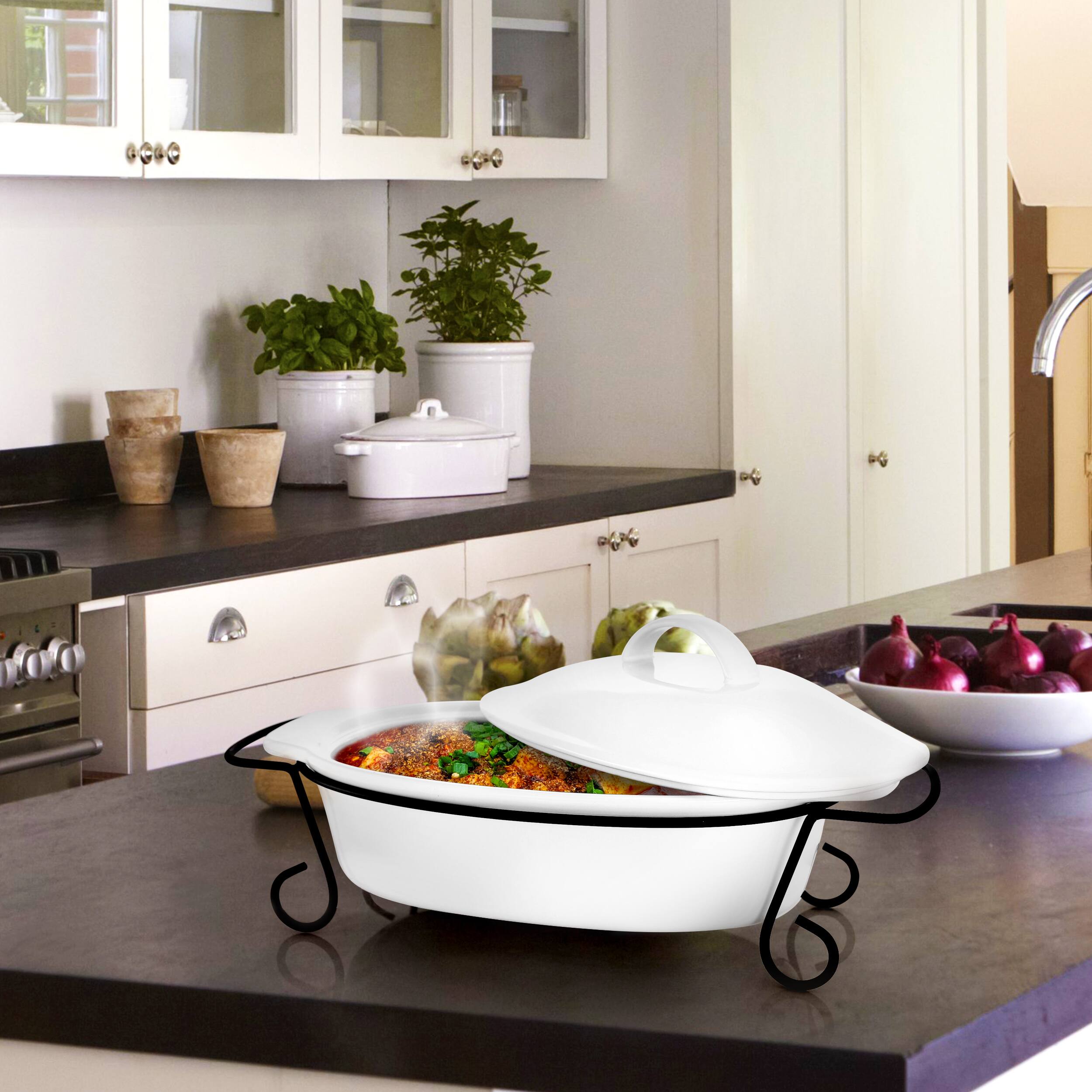 Alt View 4. Gibson - Gibson Elite Gracious Dining 2 Piece Oval Stoneware Bakeware with Lid and Metal Rack - White.
