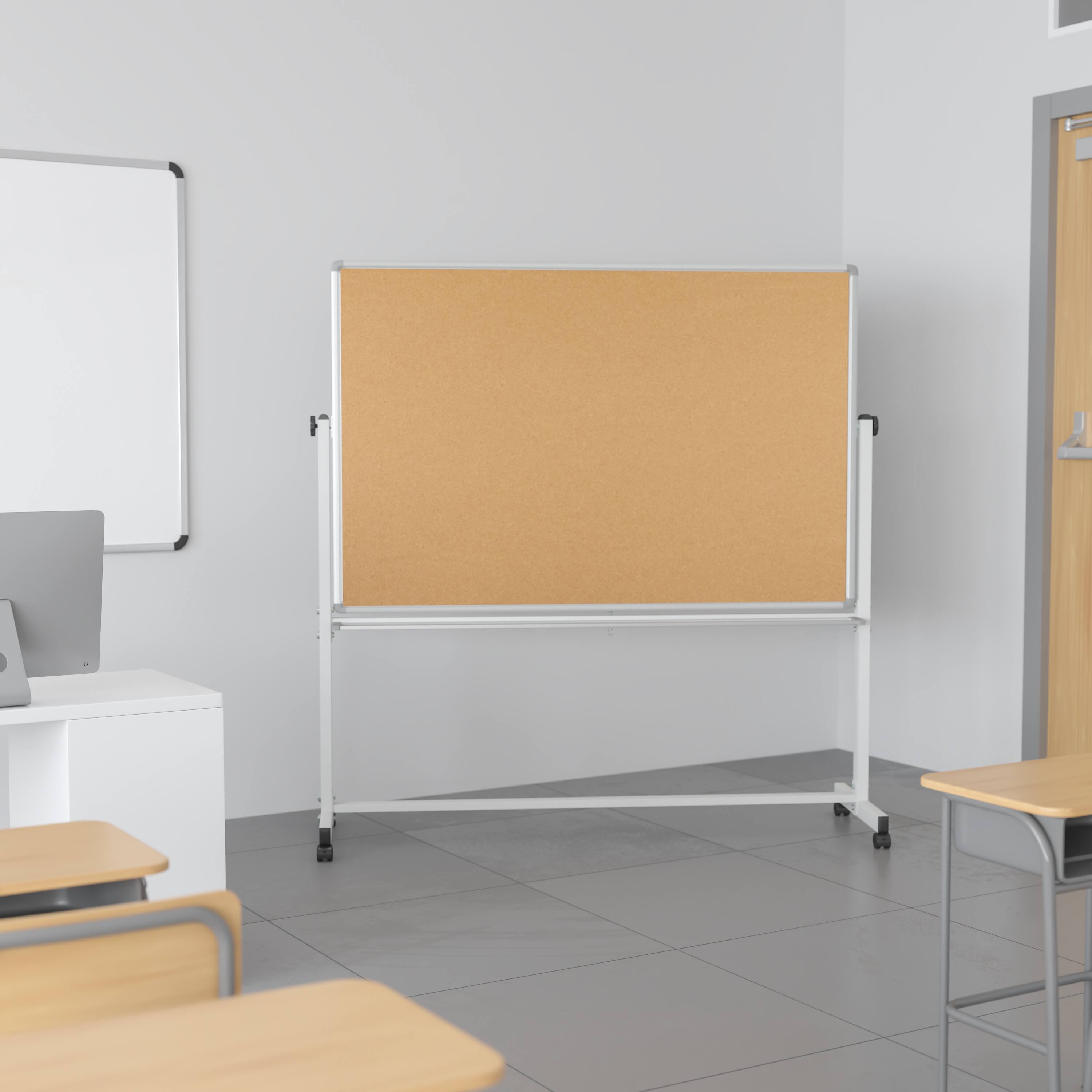 Alt View 1. Emma + Oliver - Reversible Mobile Cork Bulletin Board and White Board Stand with Pen Tray - Natural/White.