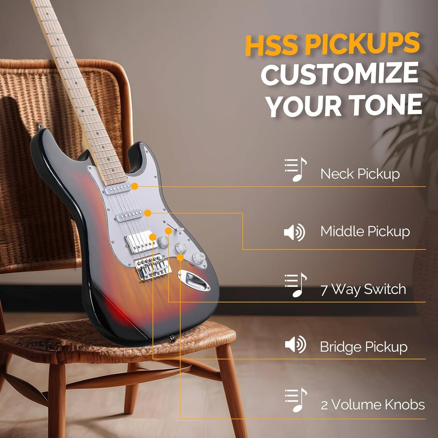 HSS PICKUPS  
CUSTOMIZE YOUR TONE

- Neck Pickup
- Middle Pickup
- 7 Way Switch
- Bridge Pickup
- 2 Volume Knobs
